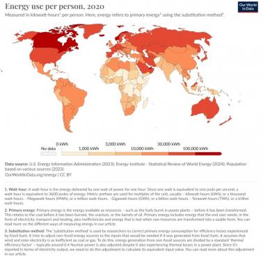 Kraje według zużycia energii elektrycznej na osobę (kWh na rok), 2020