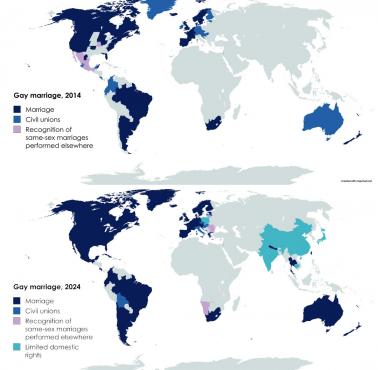 Status prawny małżeństw homoseksualistów (gejów) na świecie, 2014 vs. 2024