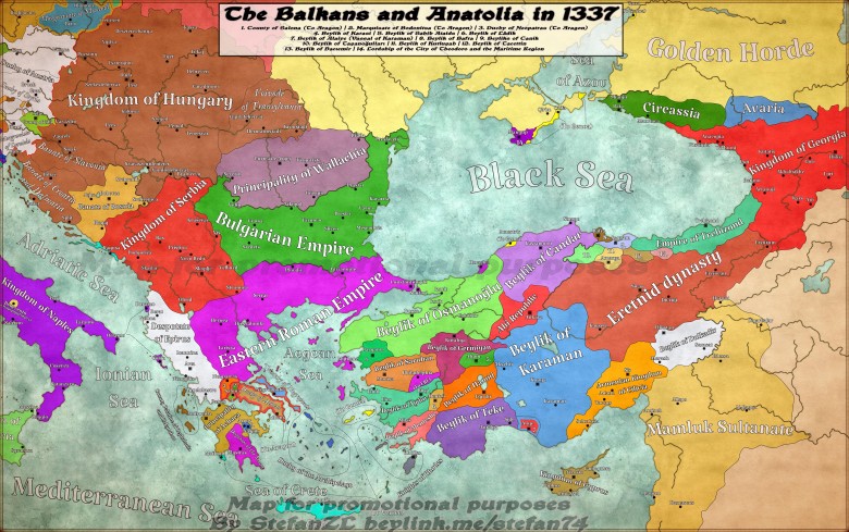 Mapa Bałkanów i Anatolii w 1337 r.