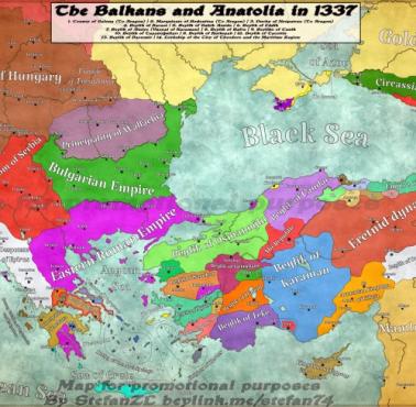Mapa Bałkanów i Anatolii w 1337 r.