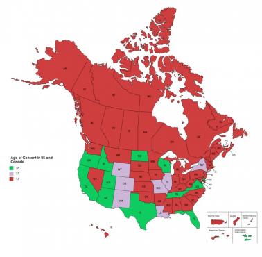 Wiek zgody (wyrażenia ważnej prawnie zgody na czynności seksualne) w poszczególnych stanach USA i Kanadzie