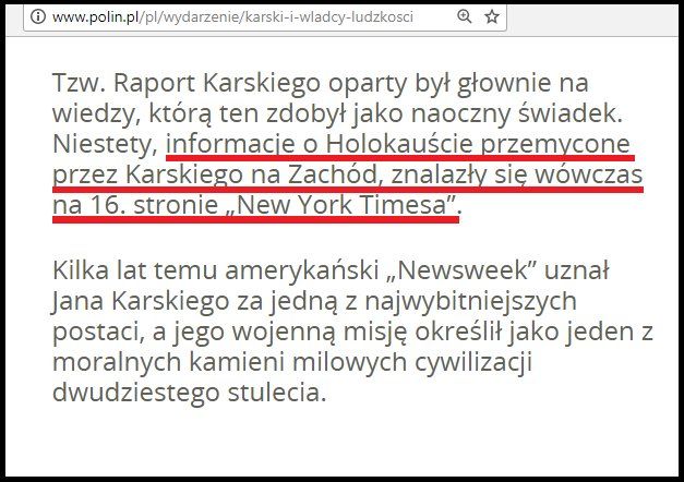 Informacje o Holokauście przemycone przez Karskiego na Zachód, znalazły się na 16. stronie „New York Timesa”