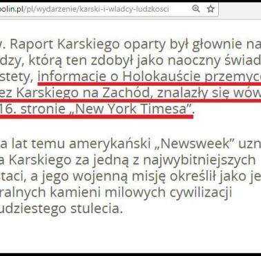 Informacje o Holokauście przemycone przez Karskiego na Zachód, znalazły się na 16. stronie „New York Timesa”