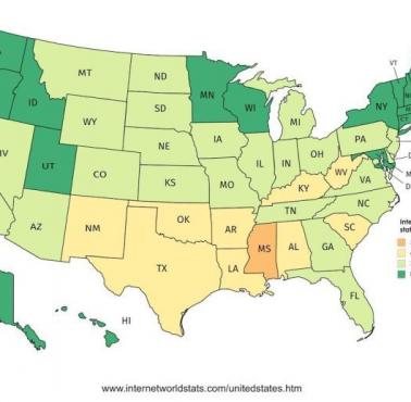 Procent użytkowników internetu w poszczególnych stanach USA