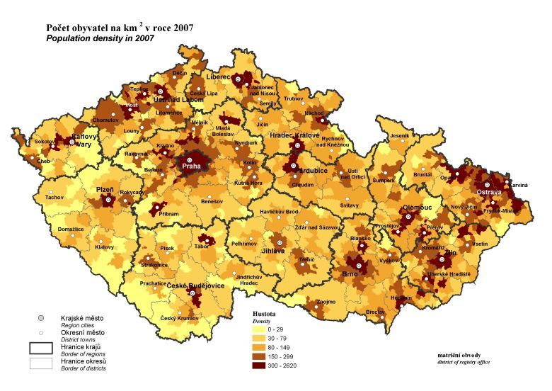 Gęstość zaludnienia Czech, 2007