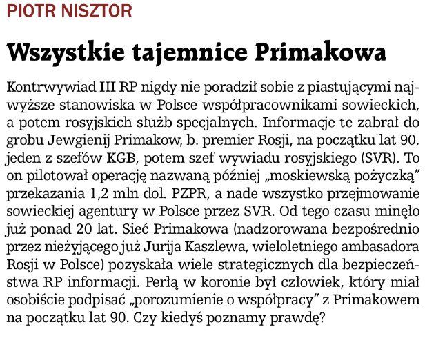 Jewgienij Primakow zabrał do grobu tajemnice o sieci rosyjskiej agentury w Polsce, w tym o człowieku będącym perła w koronie ...