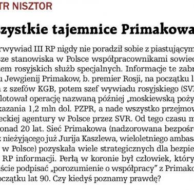 Jewgienij Primakow zabrał do grobu tajemnice o sieci rosyjskiej agentury w Polsce, w tym o człowieku będącym perła w koronie ...