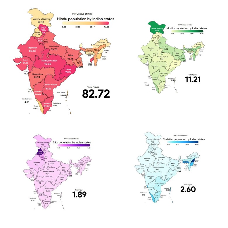 Mapa religijna Indii z podziałem na stany, 1971
