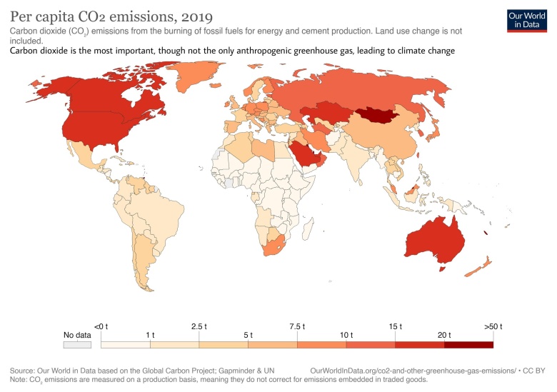 Emisja CO2 na osobę na świecie w 2019 roku