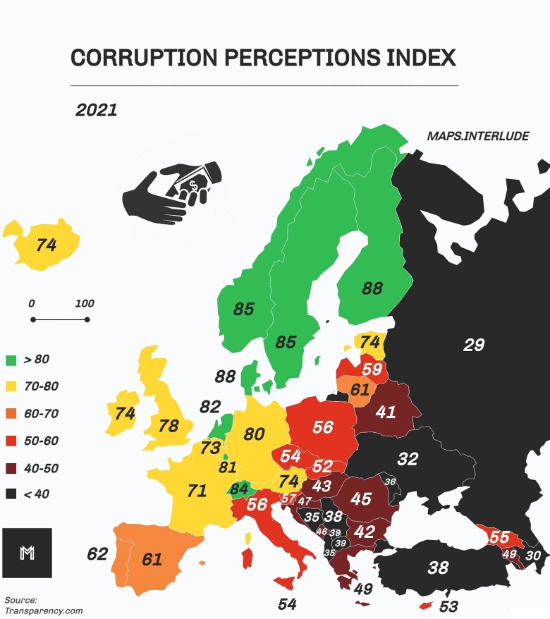 Wskaźnik postrzegania korupcji w Europie, 2021
