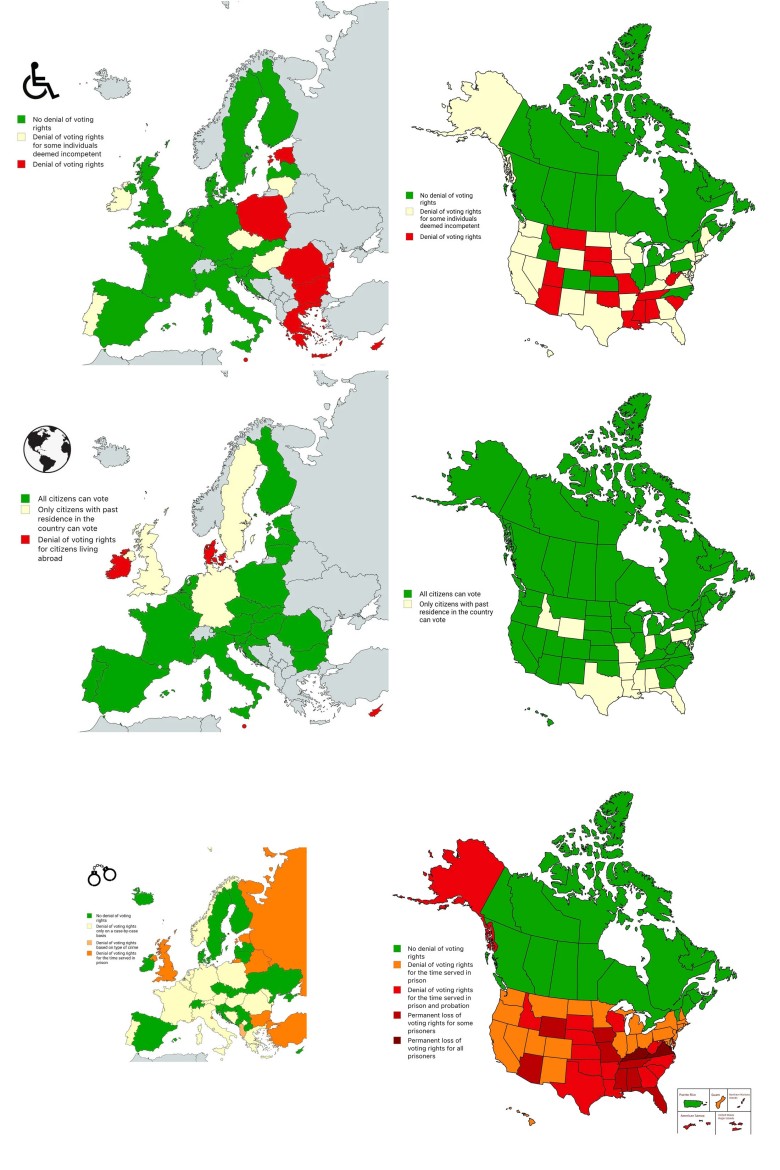Pozbawienie praw wyborczych przestępców, osób niepełnosprawnych umysłowo i obywateli niebędących rezydentami, Europa, USA
