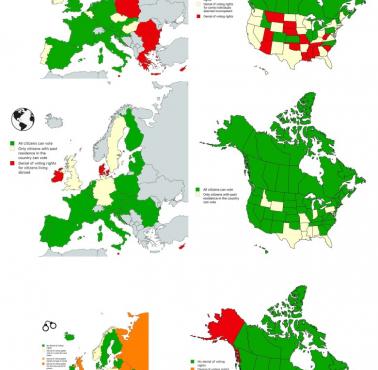 Pozbawienie praw wyborczych przestępców, osób niepełnosprawnych umysłowo i obywateli niebędących rezydentami, Europa, USA