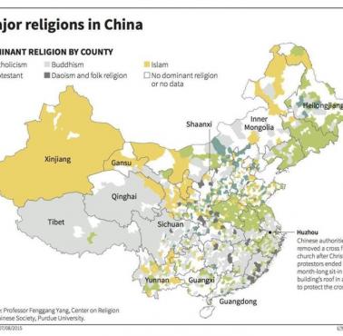 Dominująca religia w poszczególnych regionach Chin