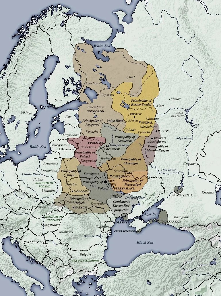 Ruś w momencie rozpadu na dzielnice tuż po śmierci Jarosława I Mądrego w roku 1054-1132 na tle granic współczesnych państw