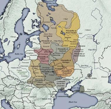 Ruś w momencie rozpadu na dzielnice tuż po śmierci Jarosława I Mądrego w roku 1054-1132 na tle granic współczesnych państw