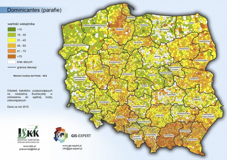 Odsetek wiernych uczęszczających na niedzielną mszę świętą według parafii, 2015