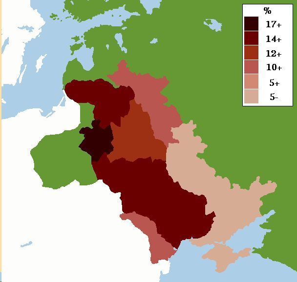 Procent Żydów w poszczególnych regionach Rosji w 1905 roku