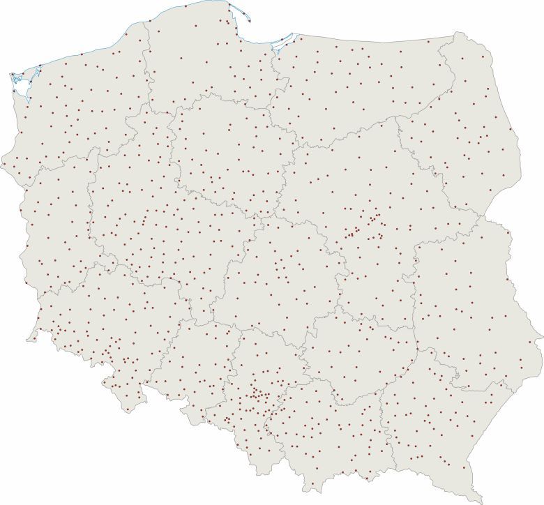 Mapa przedstawiająca lokalizację wszystkich miast i miejscowości w Polsce