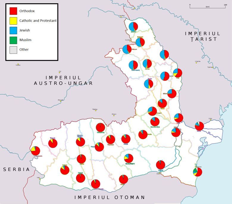 Dominujące religie w poszczególnych regionach Rumunii w 1900 roku