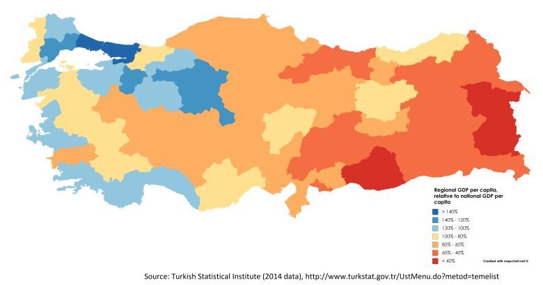 Najzamożniejsze i najbiedniejsze regiony Turcji, 2014
