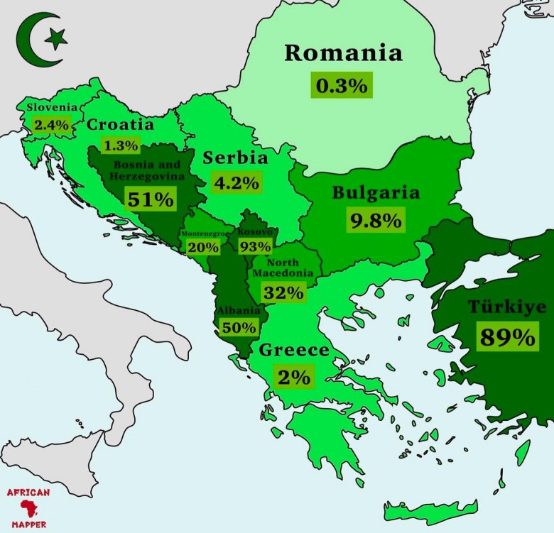 Odsetek wyznawców islamu na Bałkanach, prawdopodobnie dane z 2024