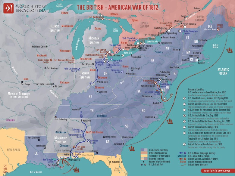 Mapa wojny Wielkiej Brytanii z USA w 1812 roku
