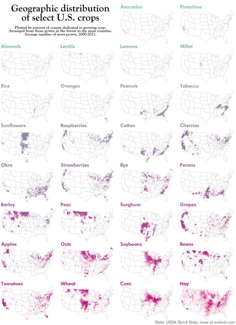 Mapa różnych upraw w USA w latach 2000-2021
