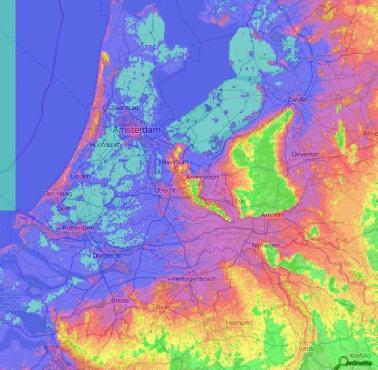 Mapa topograficzna Holandii uwzględniająca depresję