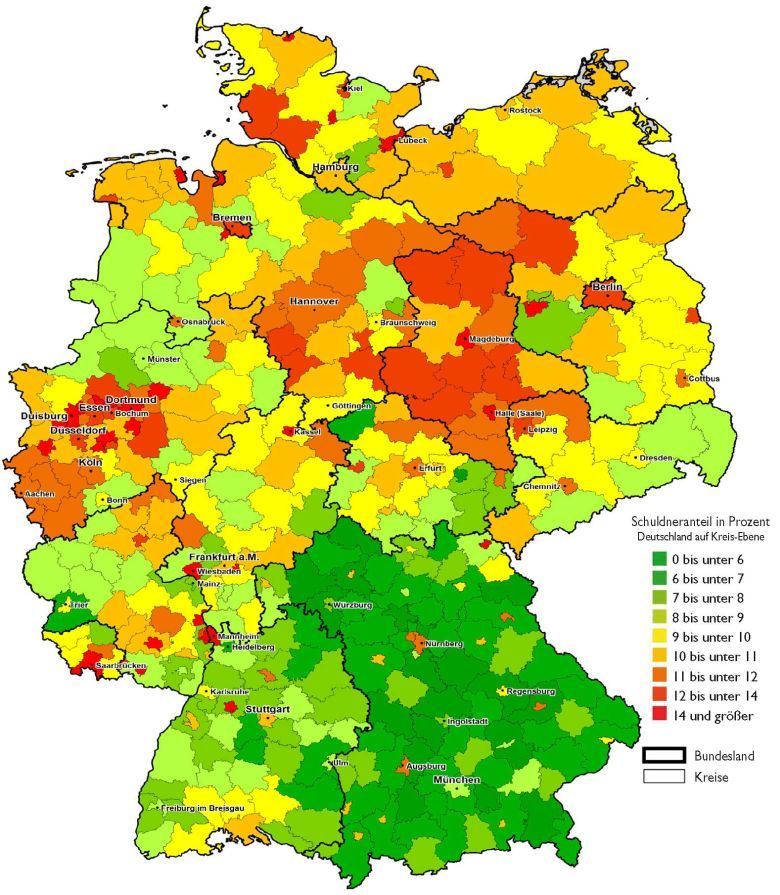 Odsetek Niemców w poszczególnych regionach, którzy zbankrutowali