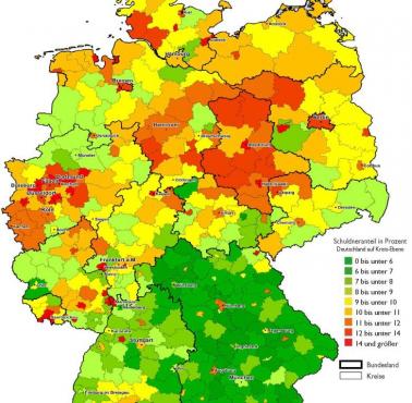 Odsetek Niemców w poszczególnych regionach, którzy zbankrutowali