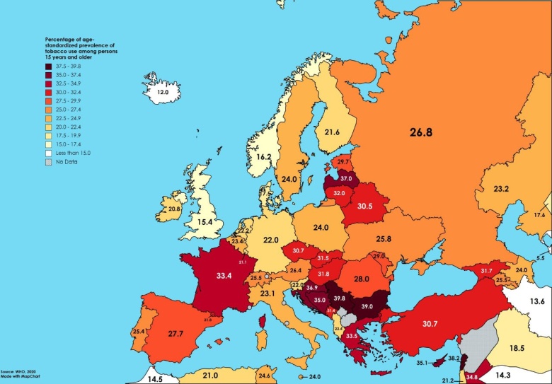 Rozpowszechnienie używania wyrobów tytoniowych (osoby +15) w Europie, WHO, 2020