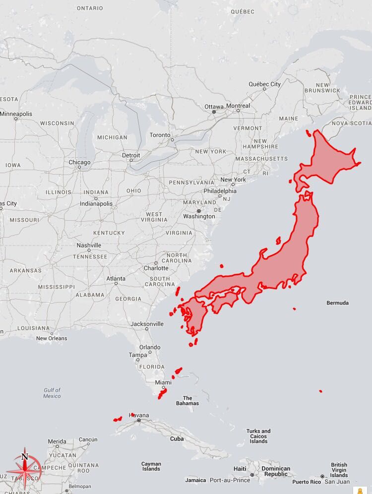 Obszar Japonii w porównaniu do wschodniego wybrzeża USA