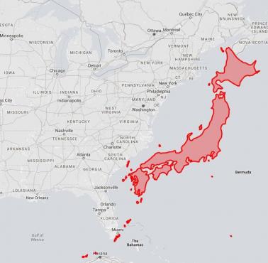 Obszar Japonii w porównaniu do wschodniego wybrzeża USA