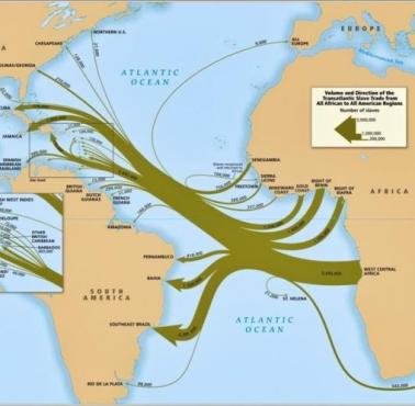 Objętość i kierunek transatlantyckiego handlu niewolnikami z Afryki do wszystkich regionów amerykańskich w latach 1500-1860