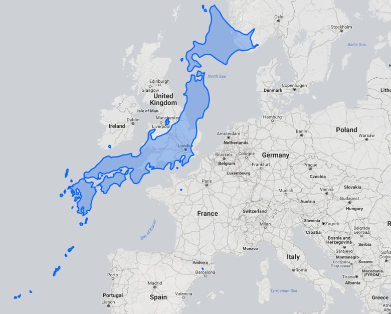 Obszar Japonii na tle Europy