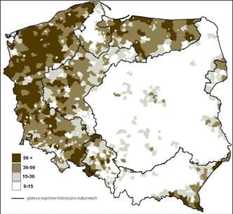 Udział PGRów w ogólnej powierzchni gruntów uprawnych (ornych), 1990