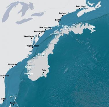 Rozmiar Norwegii na tle amerykańskiego wschodniego wybrzeża