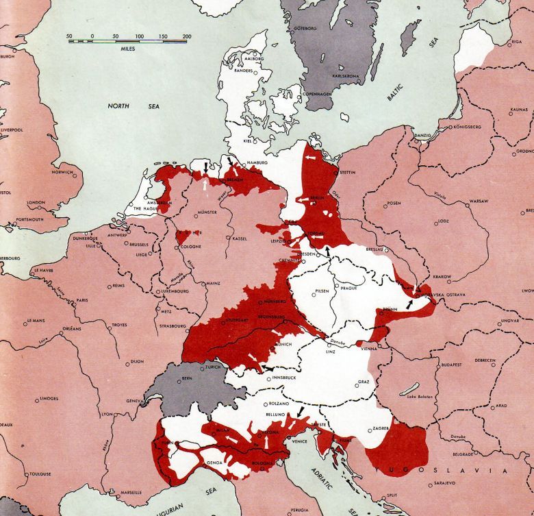 Tereny pod niemiecką kontrolą siedem dni przed końcem II wojny, 1 maja 1945