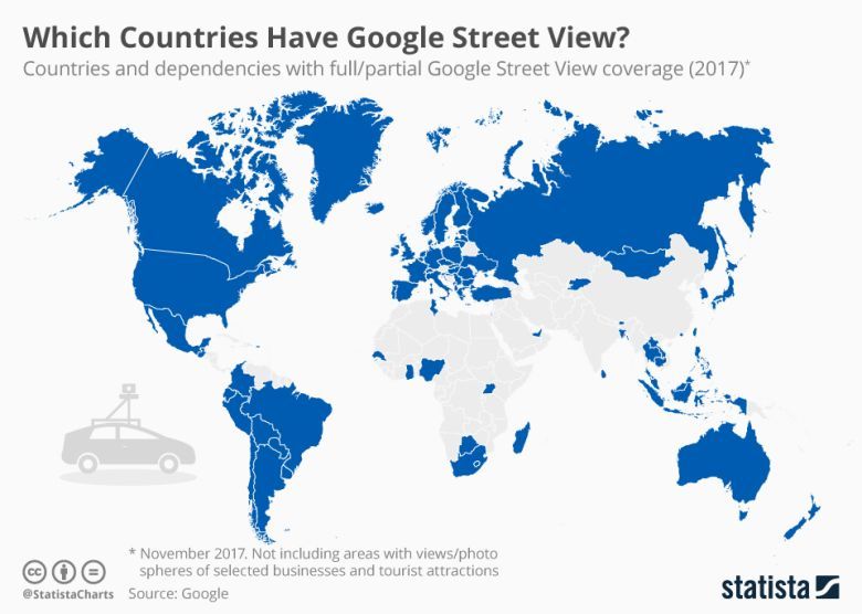 Dostępność Google Street View na świecie, dane 2017