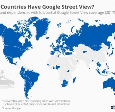 Dostępność Google Street View na świecie, dane 2017