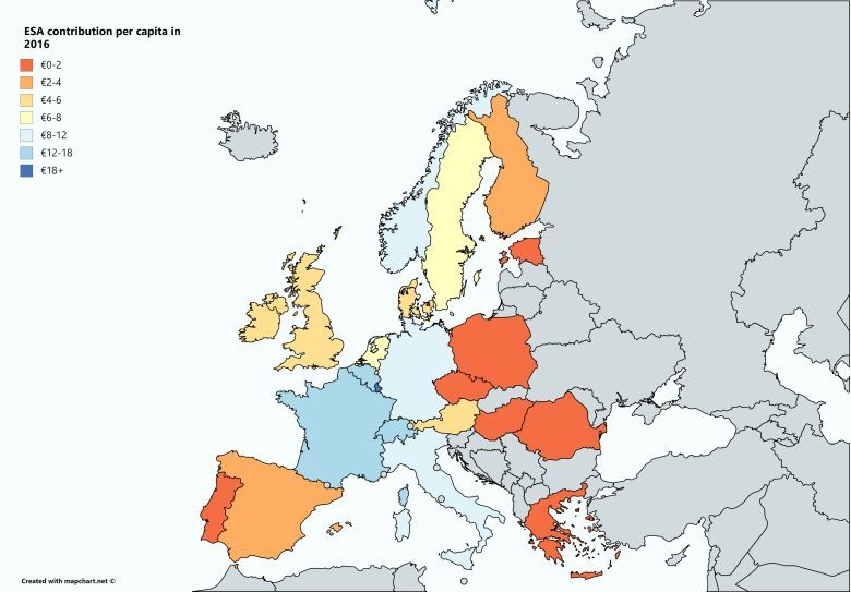 Wkład Europejskiej Agencji Kosmicznej na mieszkańca w poszczególnych państwach Unii