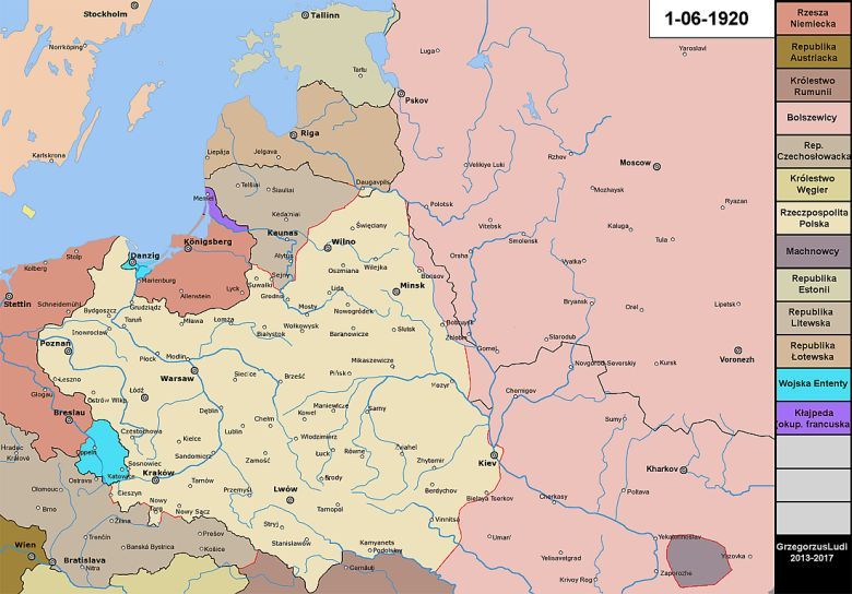 Mapa Polski 1 czerwca 1920 r. - największy obszar kontrolowany przez Polskę od 1793 roku