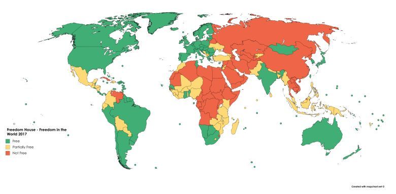 Mapa wolności na świecie według amerykańskiej organizacji Freedom House, dane 2017