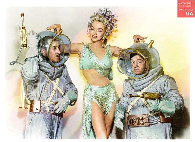 Pokolorowany współcześnie plakat amerykańskiej komedii z 1953 roku - Abbott i Costello lecą na Marsa