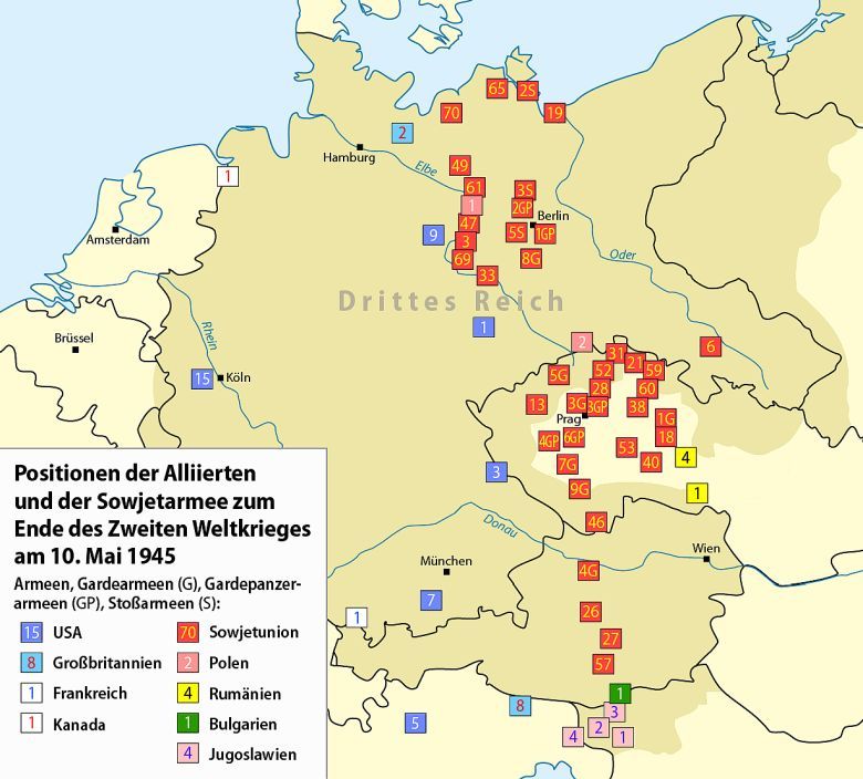 Miejsca stacjonowania wojsk Aliantów i ZSRR 10 maja 1945 roku