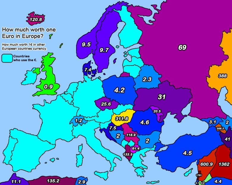Wartość euro w poszczególnych państwach Europy (bez euro) i niektórych państwach Bliskiego Wschodu i Afryki Północnej