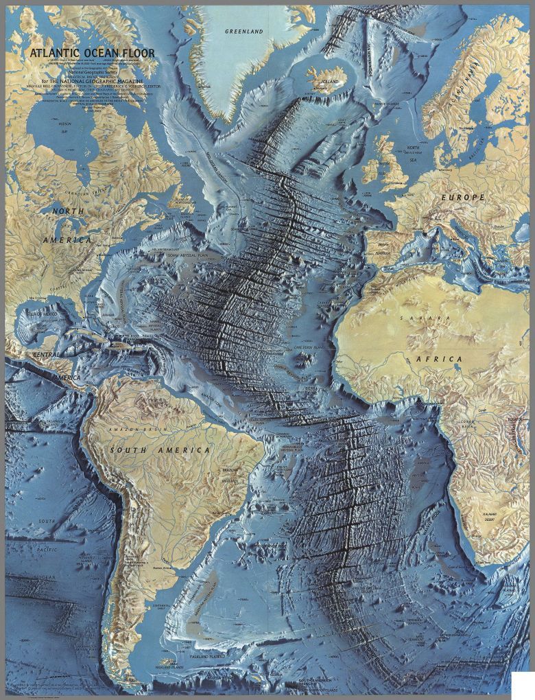 Reliefowa mapa Oceanu Atlantyckiego autorstwa Heinricha Cezara Beranna, 1968