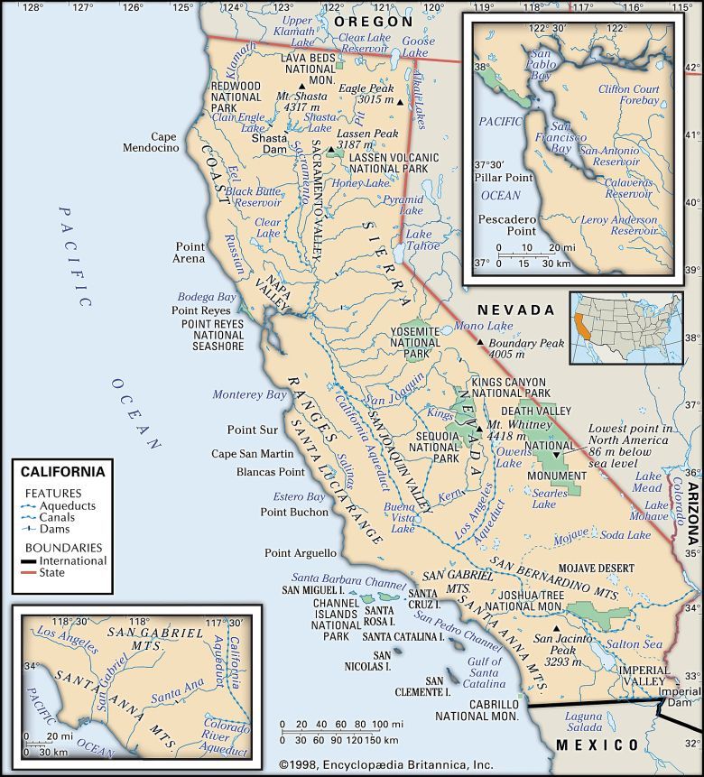 Mapa parków narodowych i pomników stanu Kalifornia