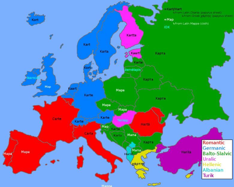 Słowo mapa w różnych europejskich językach