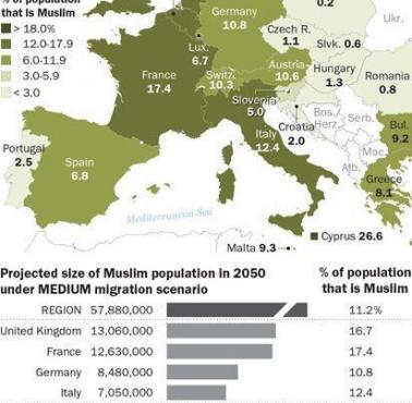Prognozy wzrostu populacji muzułmańskiej w Europie do roku 2050 w wariancie imigracji średniej